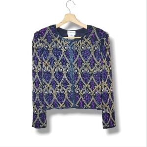 Stenay Vintage 80s 100% Silk Heavily Beaded Formal Jacket Purple Gold Statement